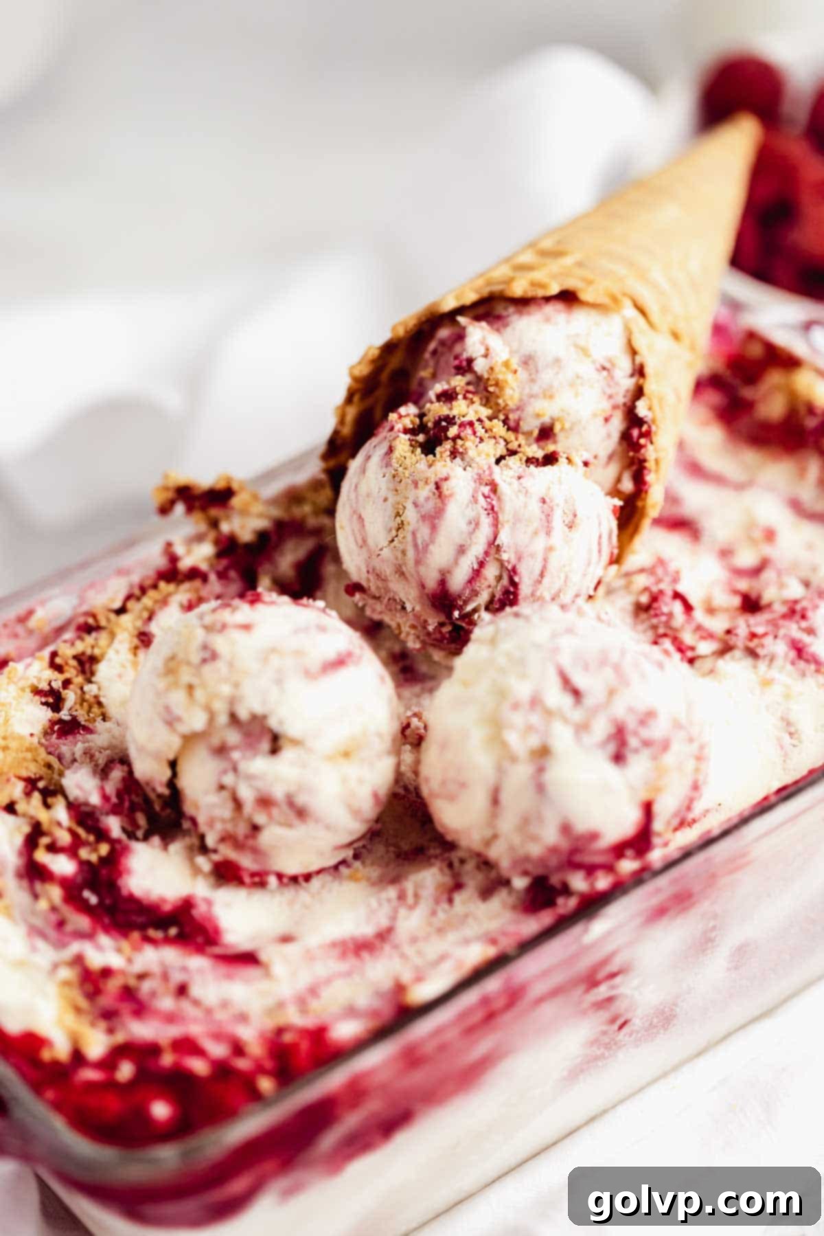 Loaf tin filled with raspberry swirl ice cream, adorned with graham crumbs and a waffle cone