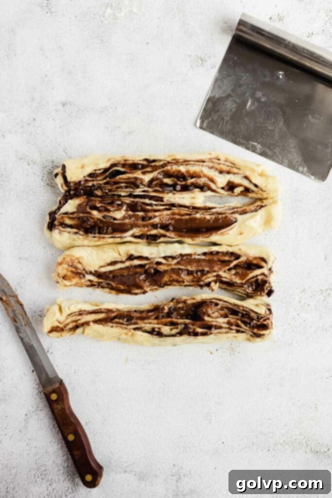 Easy No-Knead Chocolate Tahini Babka 11 Babka dough log cut in half lengthwise and widthwise, showing the layers before twisting