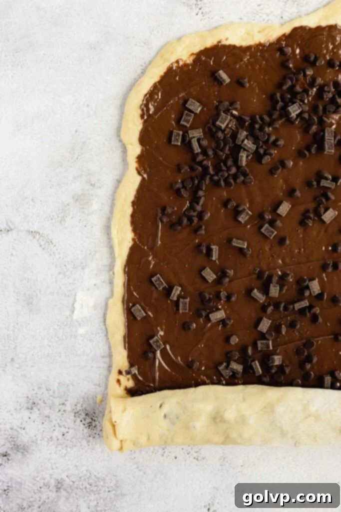 Easy No-Knead Chocolate Tahini Babka 10 Rolled out dough spread with chocolate sesame filling and chocolate chips, ready to be rolled into a log