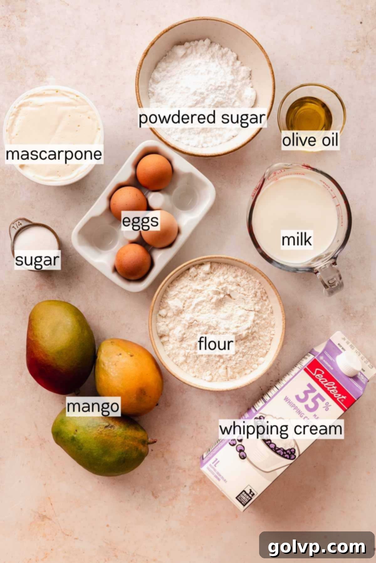Decadent Mango Crepe Cake, Made Easy 4 Bowls of ingredients for mango crepe cake, neatly arranged.