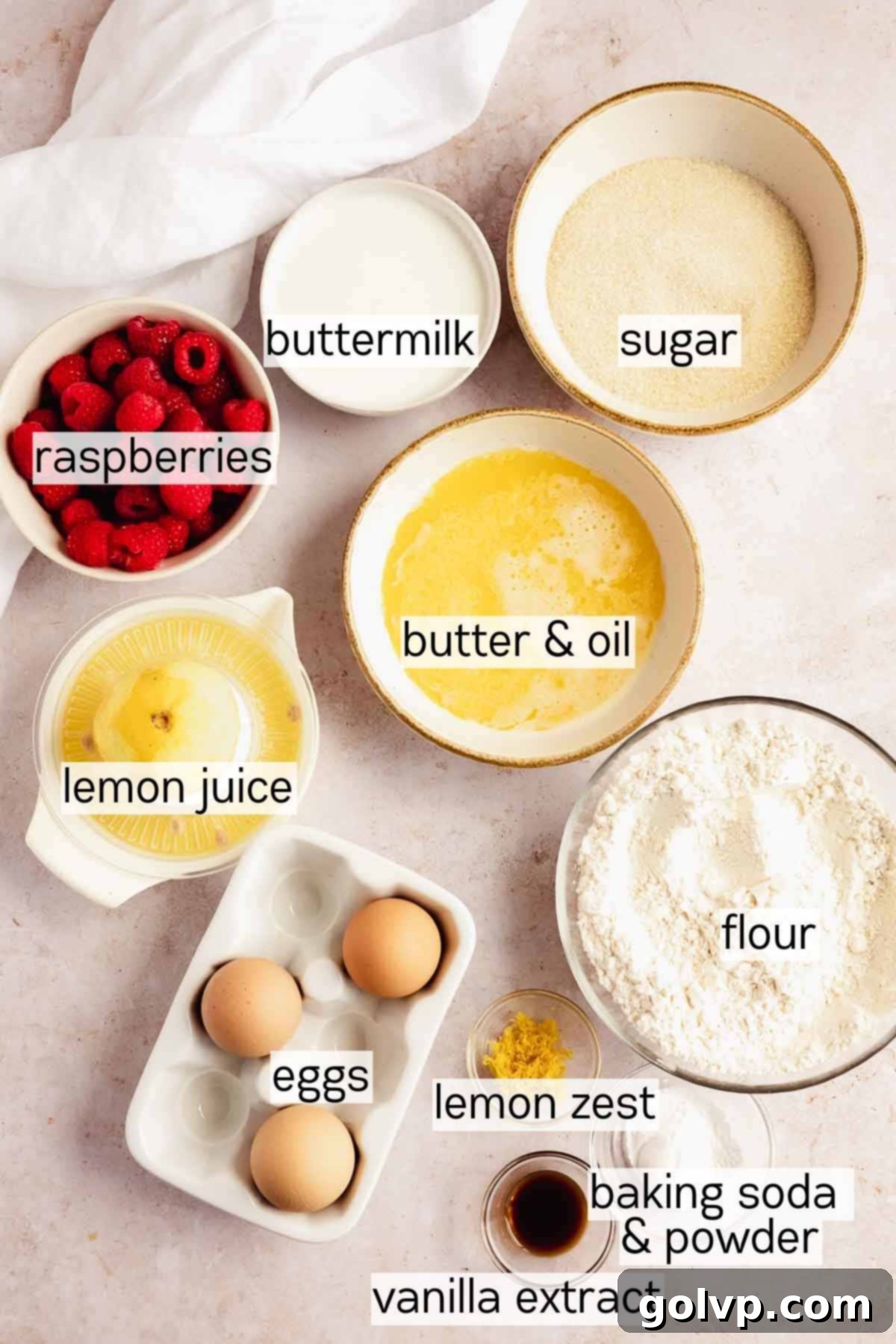 lemon raspberry loaf ingredients in bowls