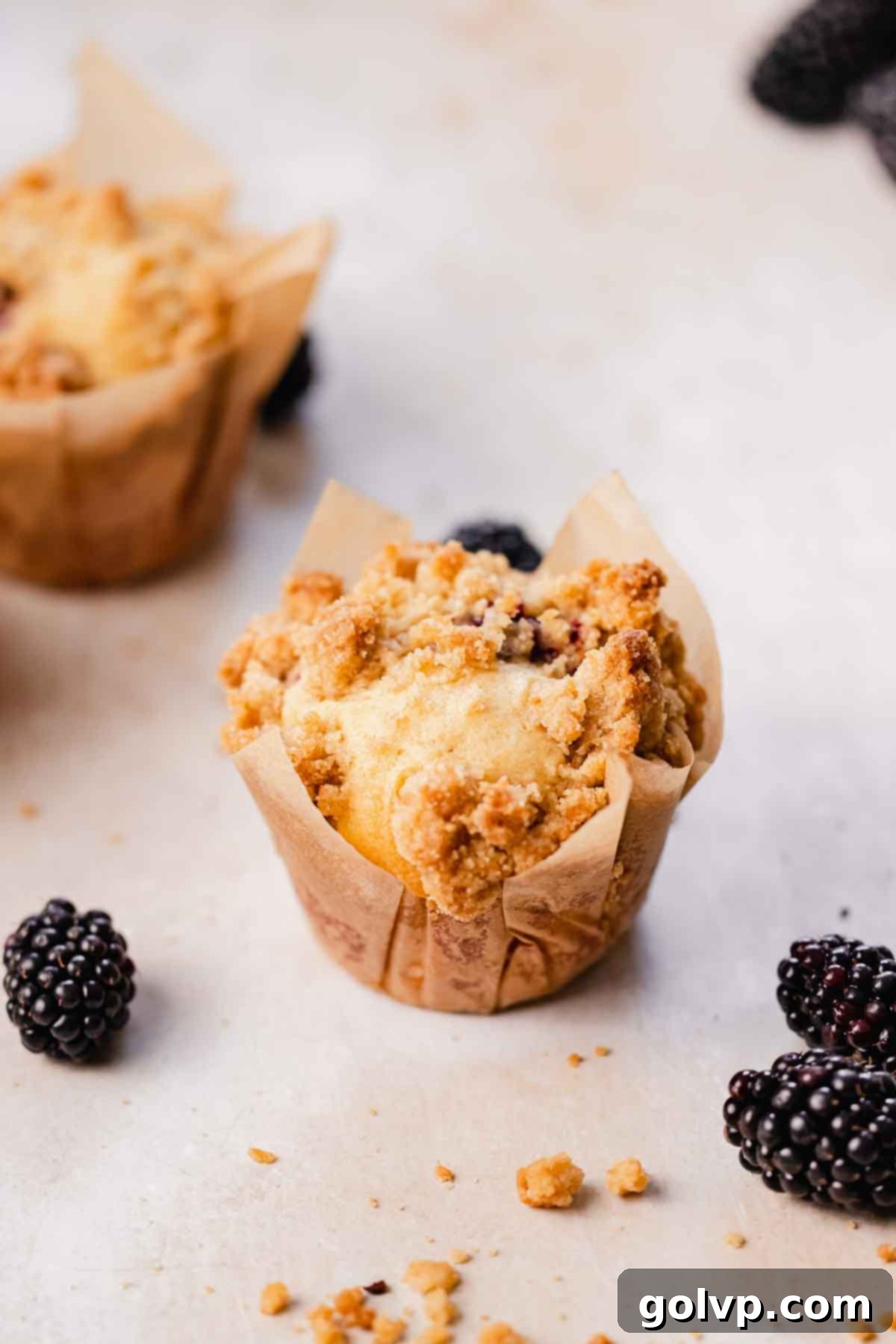 A freshly baked blackberry muffin with a golden brown crumble topping, ready to be enjoyed.