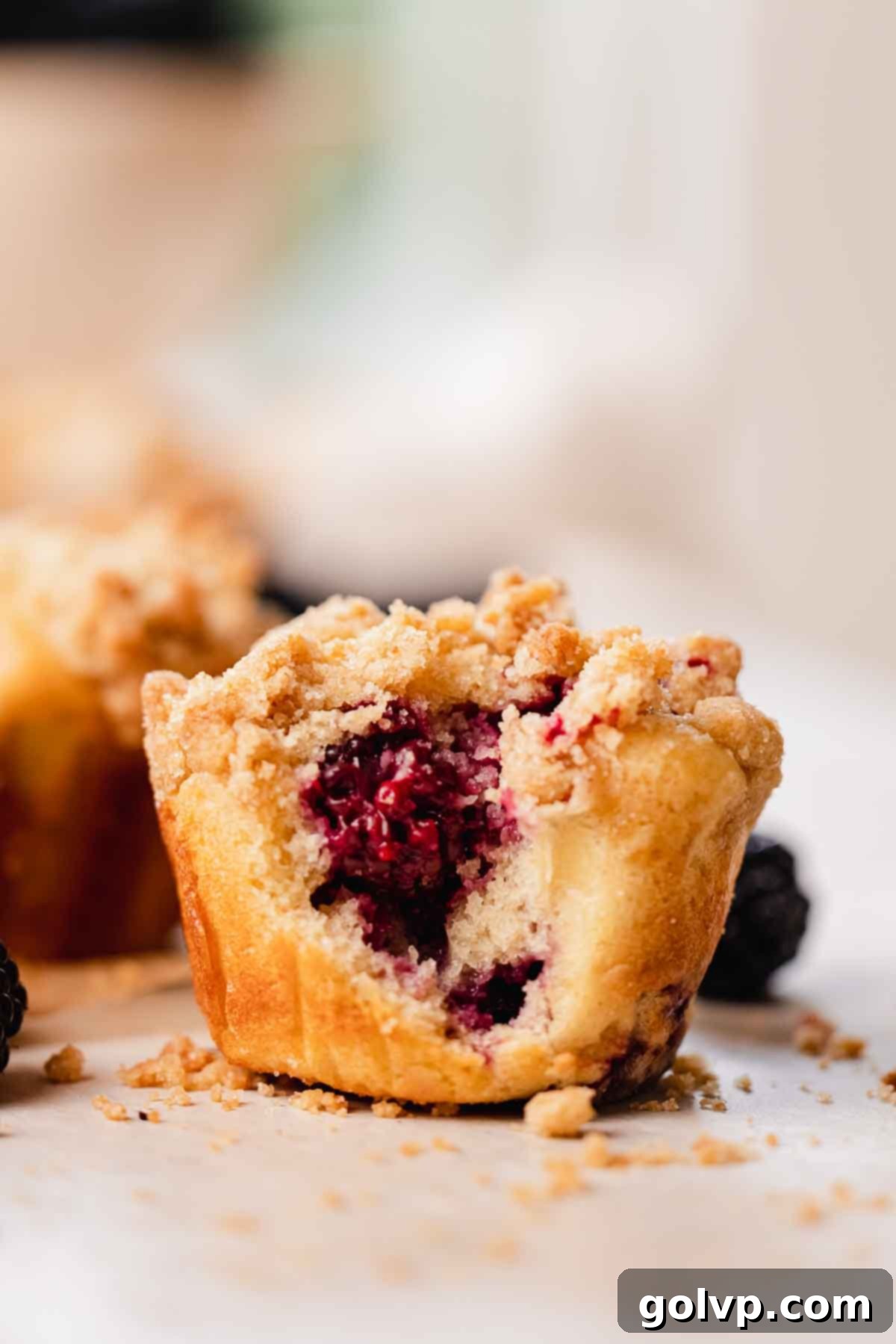 A beautifully bitten blackberry buttermilk muffin with crumble, showing its moist interior and fruit.