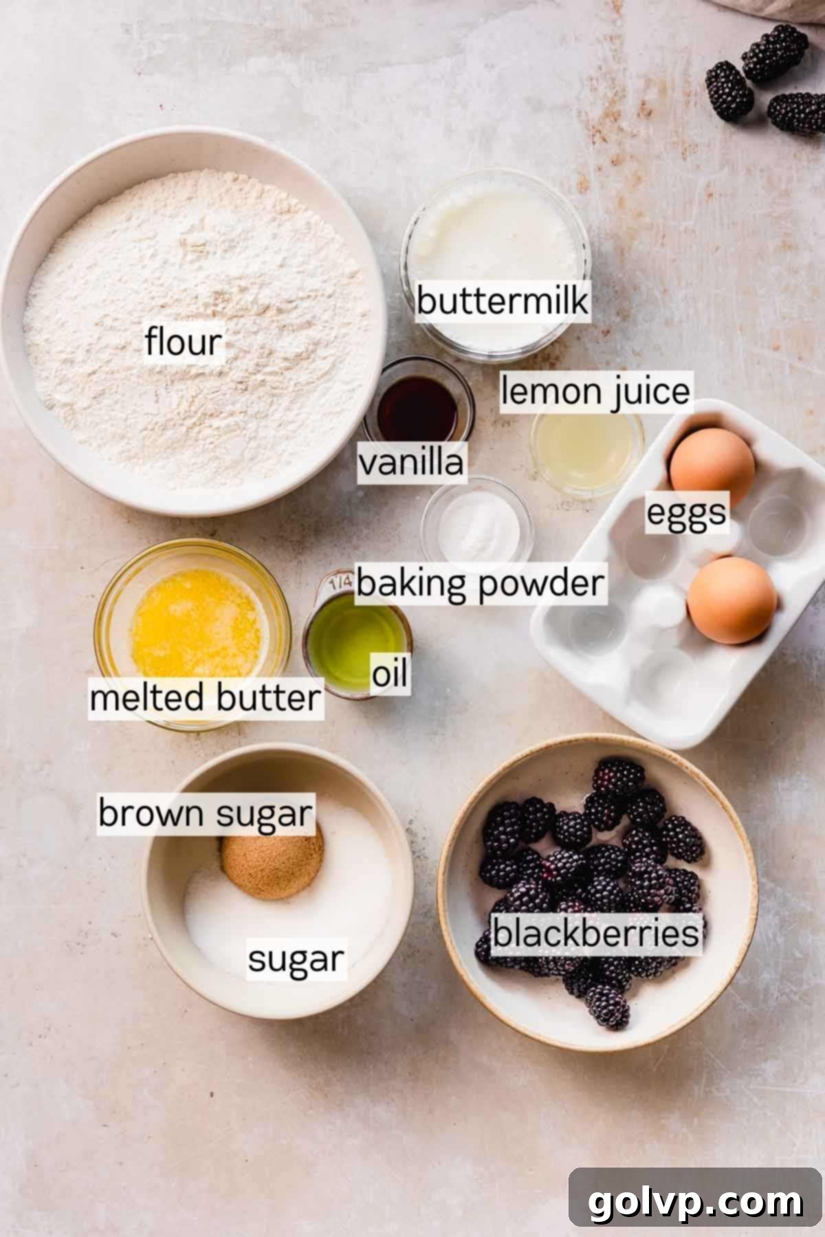 Assortment of fresh ingredients for blackberry buttermilk muffins, including blackberries, butter, oil, and buttermilk, laid out in bowls.