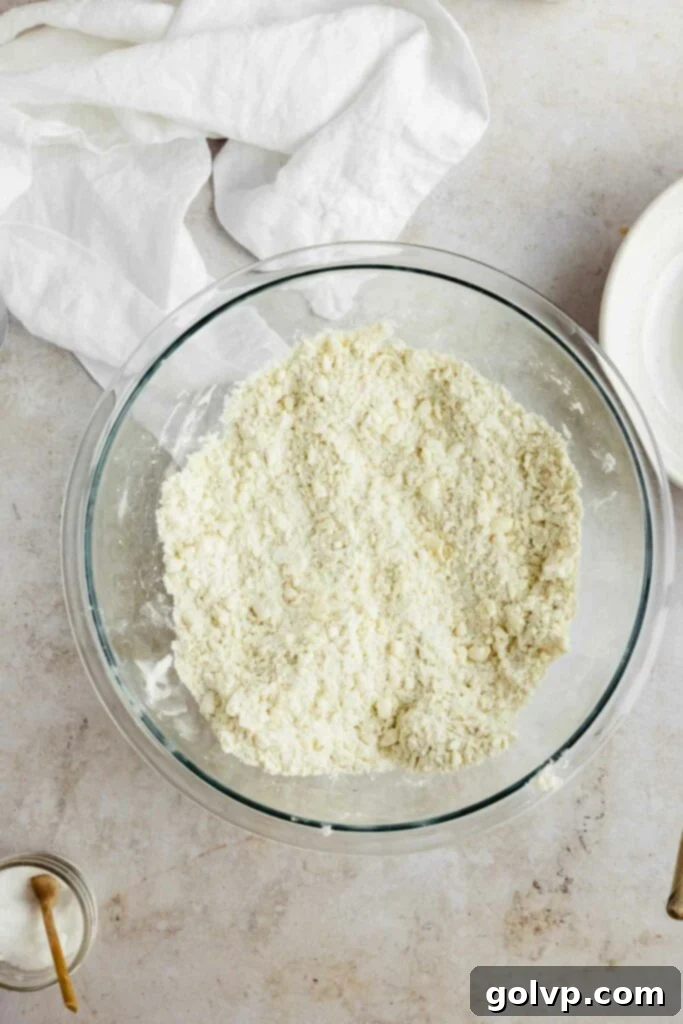 The ideal texture of butter and flour mixture before adding liquid, showing pea-sized butter pieces for a flaky crust.