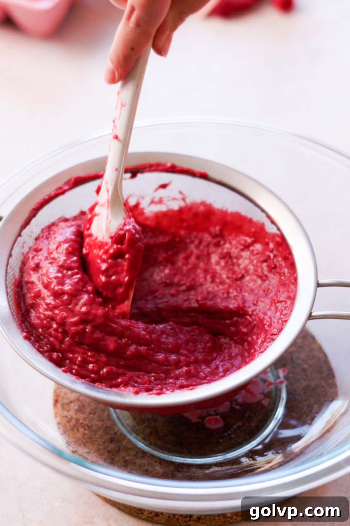 straining raspberry pie filling through a mesh sieve