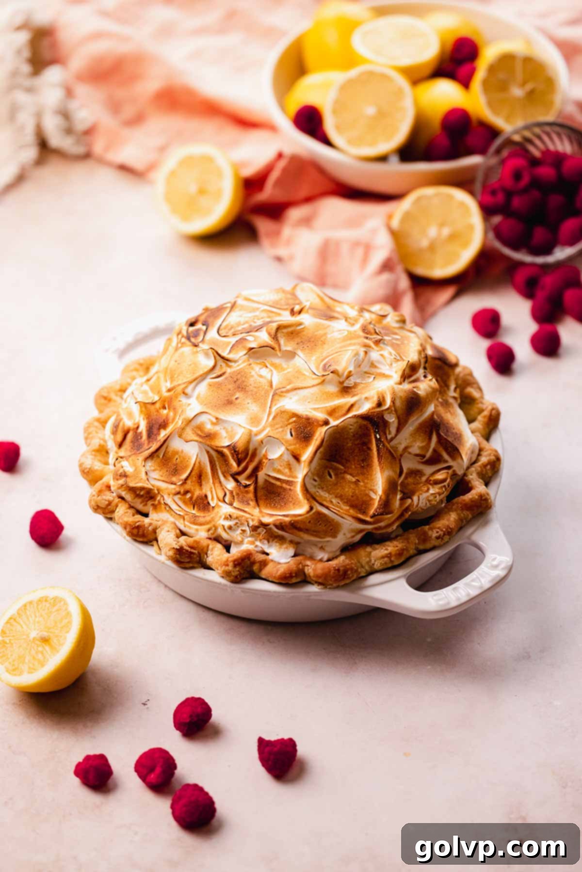 pie with mile high meringue in pie plate