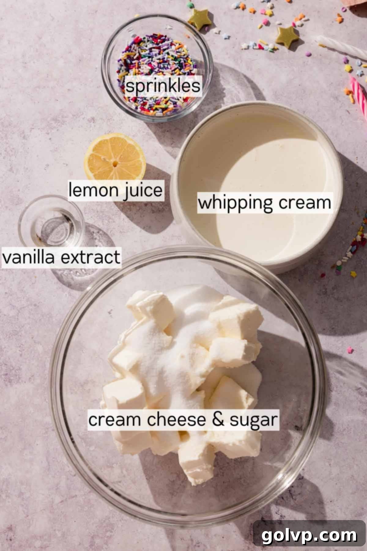 funfetti cheesecake filling ingredients in bowls