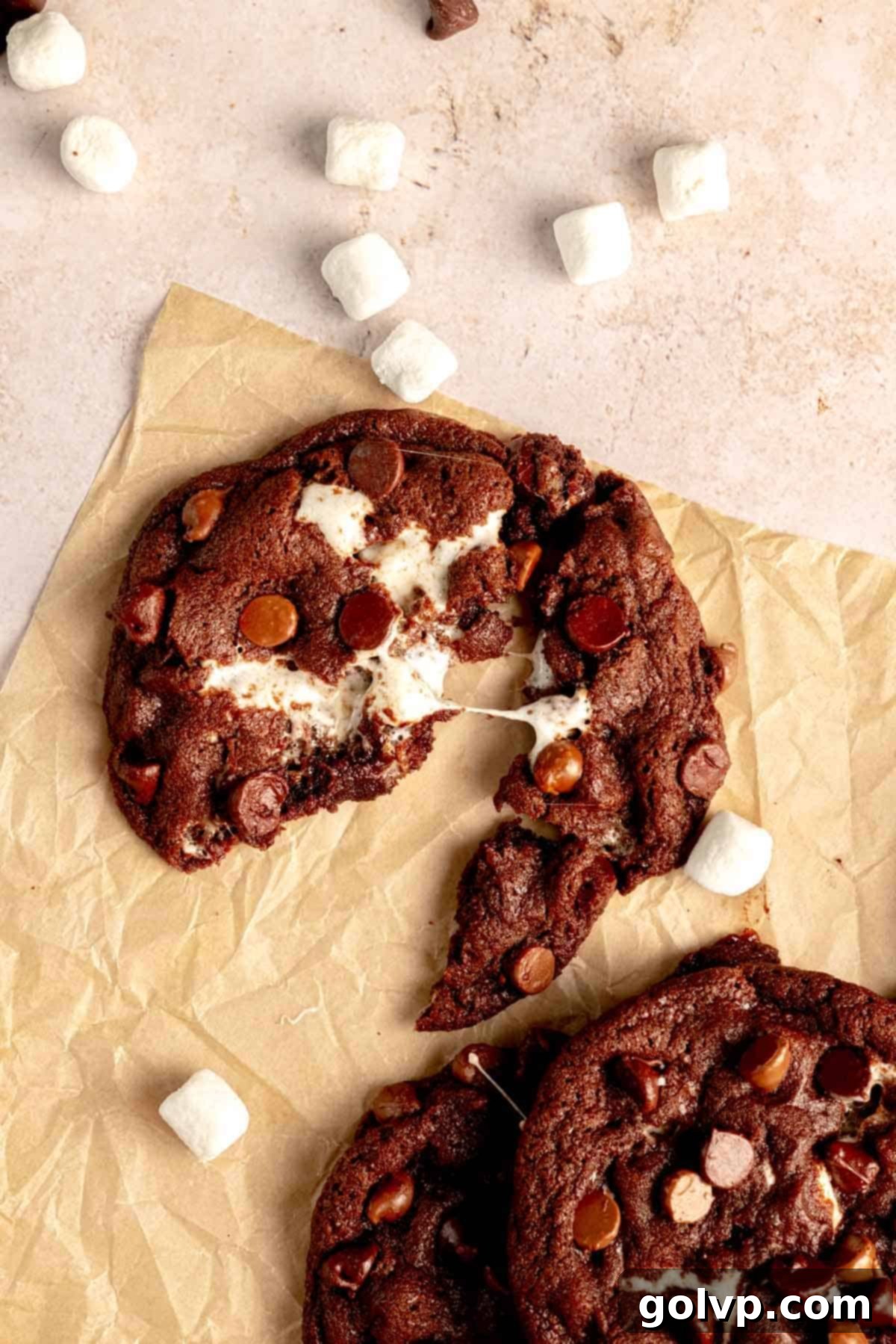 Chocolate cookie broken in half with marshmallow middle