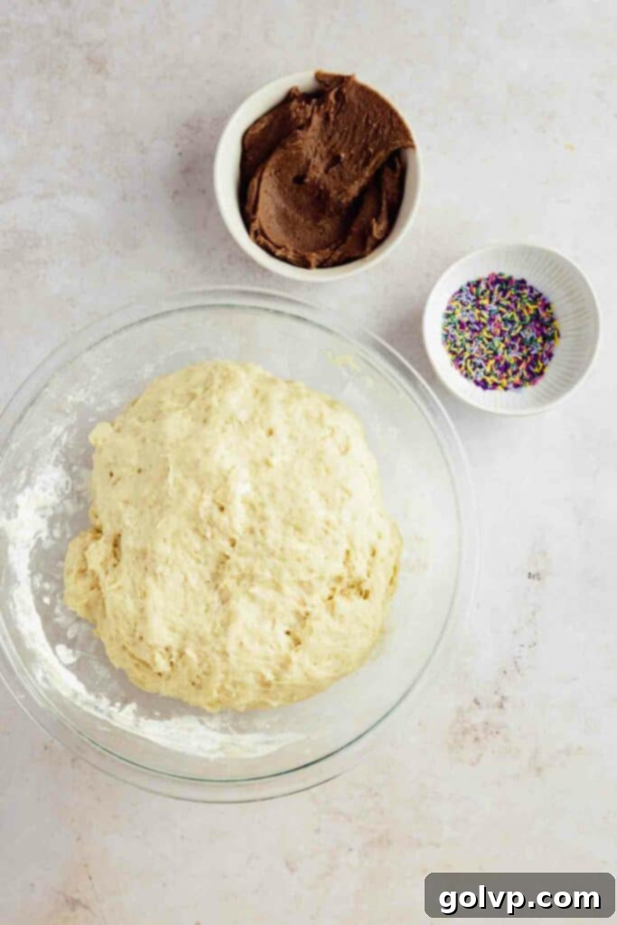 the risen no knead dough, cinnamon filling, and sprinkles