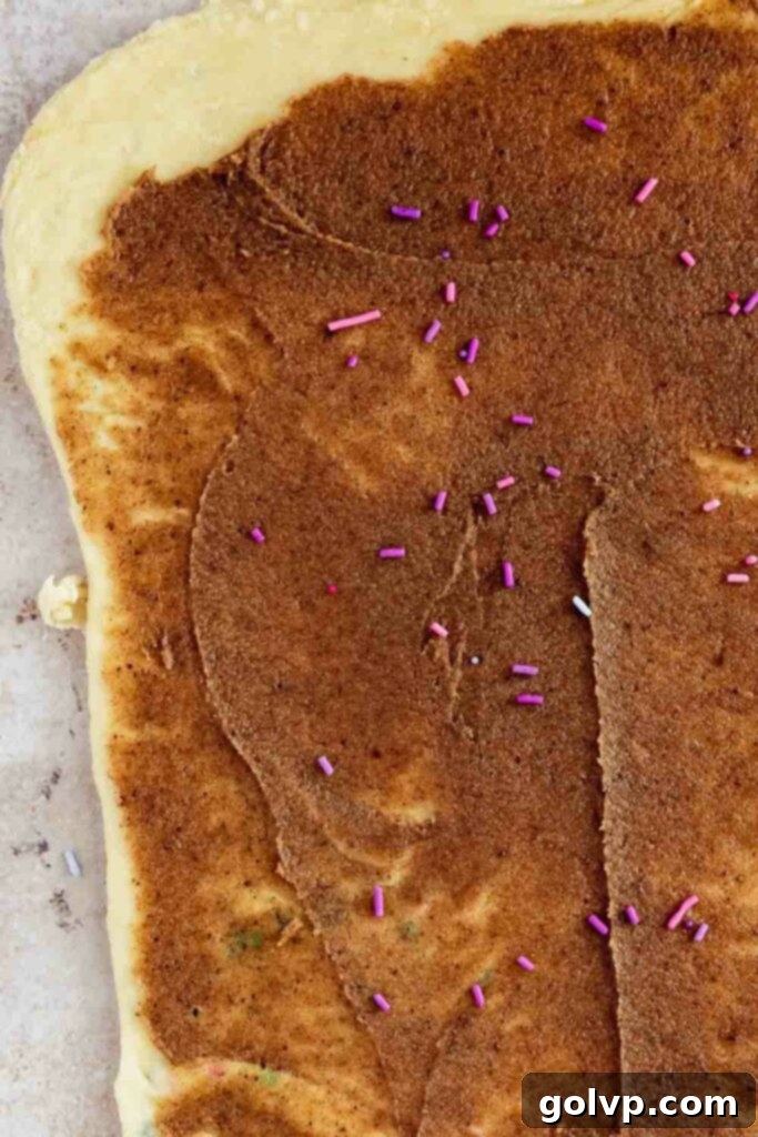 rolled dough spread with cinnamon filling and sprinkles on top