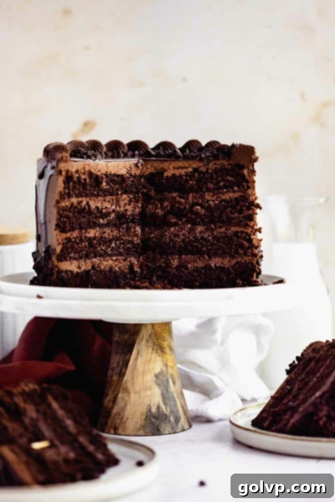chocolate cake sliced open with 4 layers on cake stand