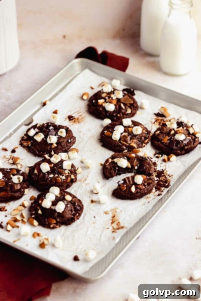 tray of rocky road cookies with marshmallows and almonds