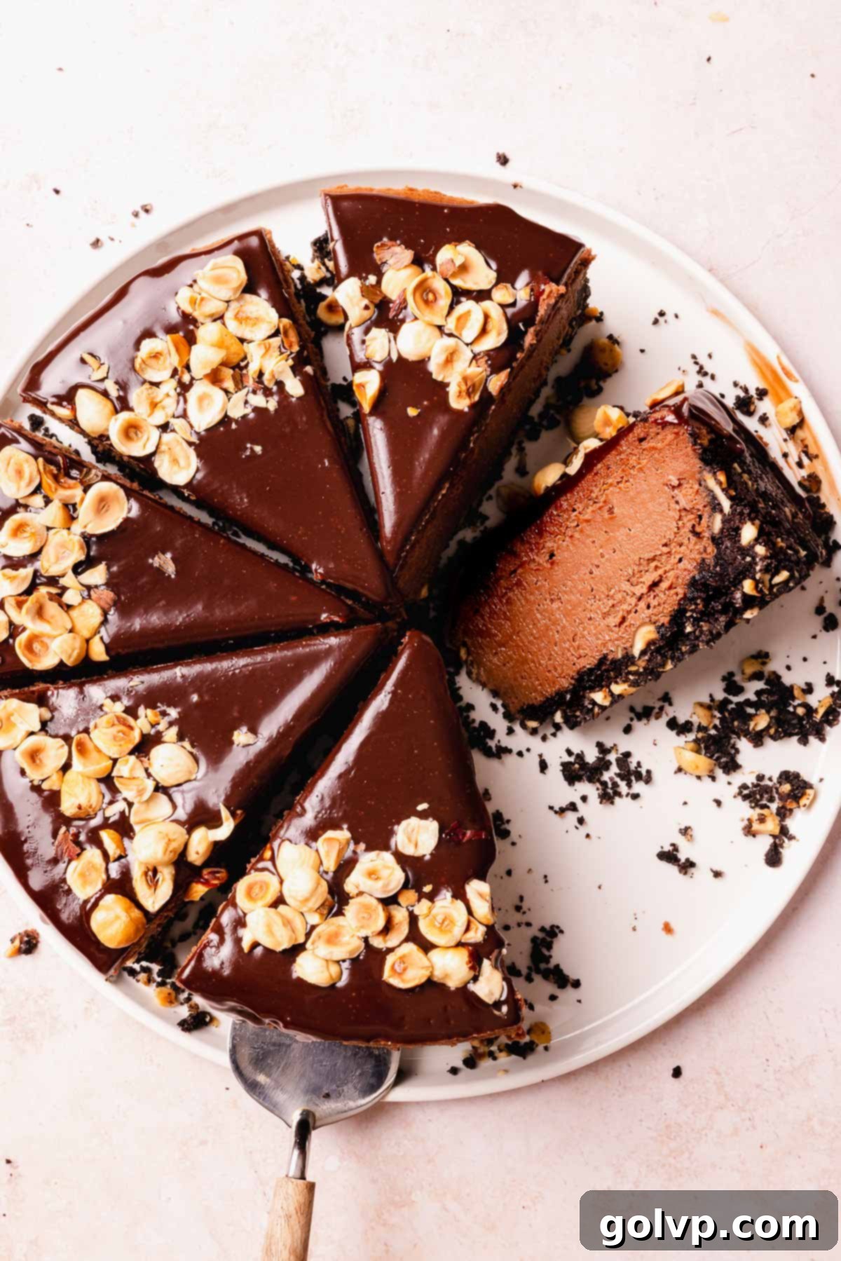 sliced nutella cheesecake with chocolate ganache and chopped hazelnuts