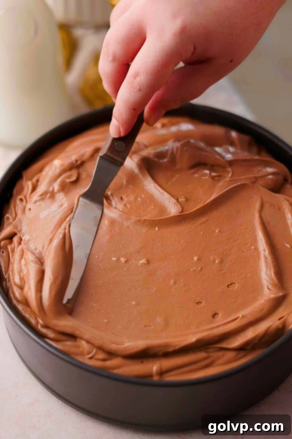 smoothing nutella cheesecake filling inside cake pan with an offset spatula