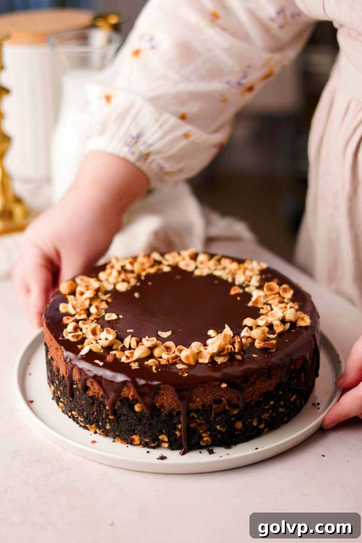 decorated nutella cheesecake on a serving plate with chopped hazelnuts