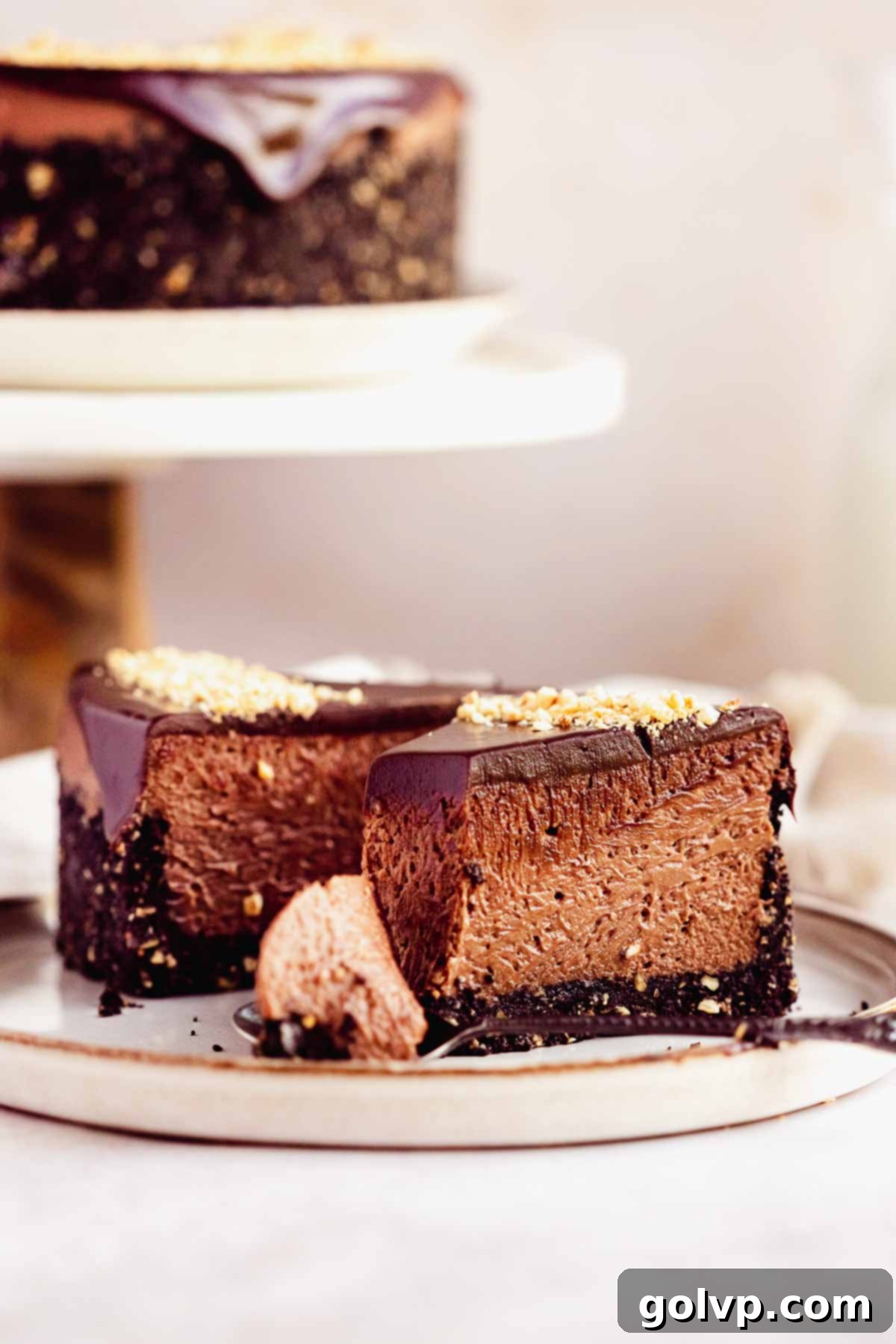 nutella cheesecake on plate with chopped hazelnuts and creamy chocolate cheesecake filling