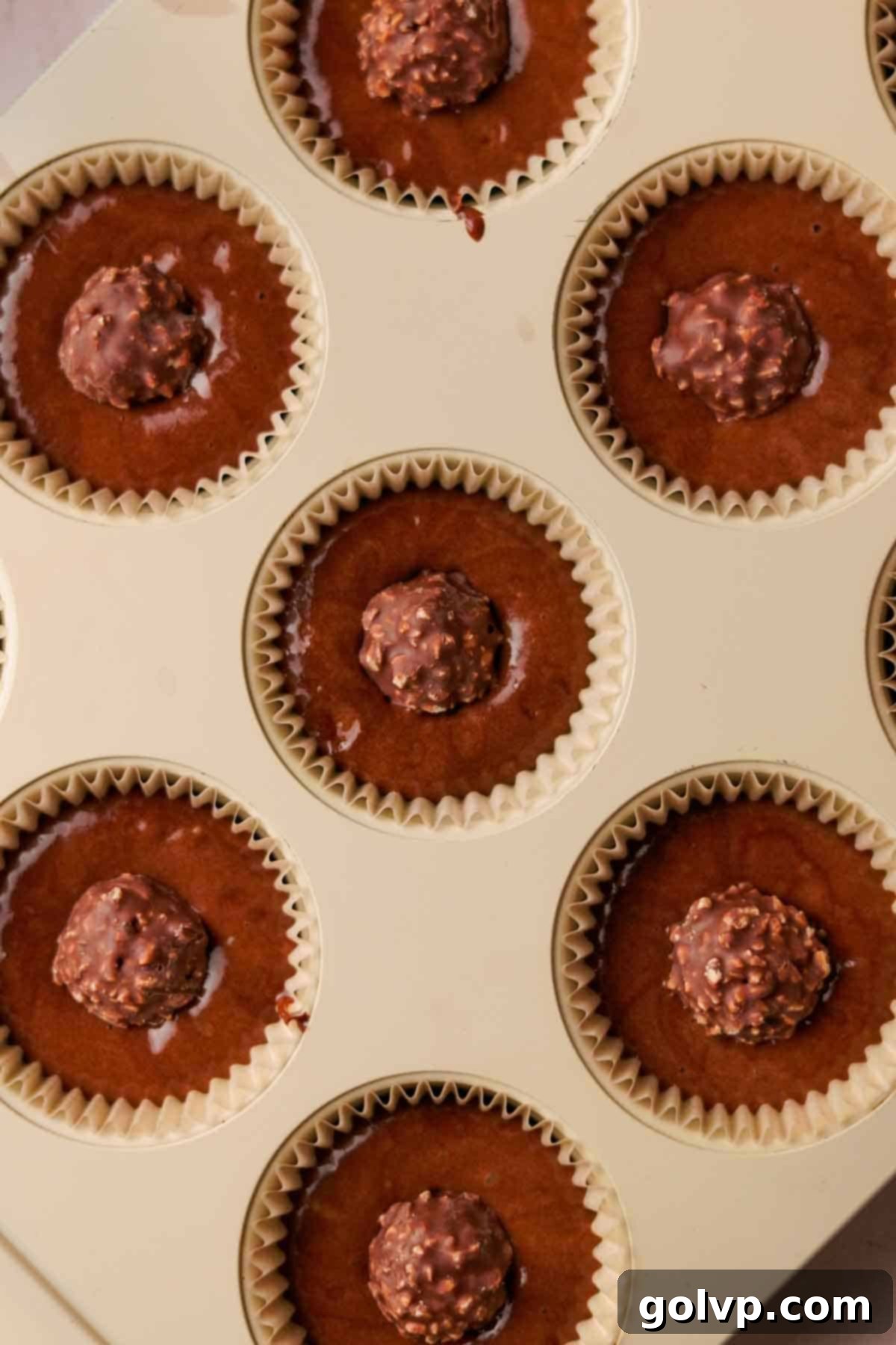 chocolate batter in cupcake tins with paper liner and ferrero rocher chocolate in the middle