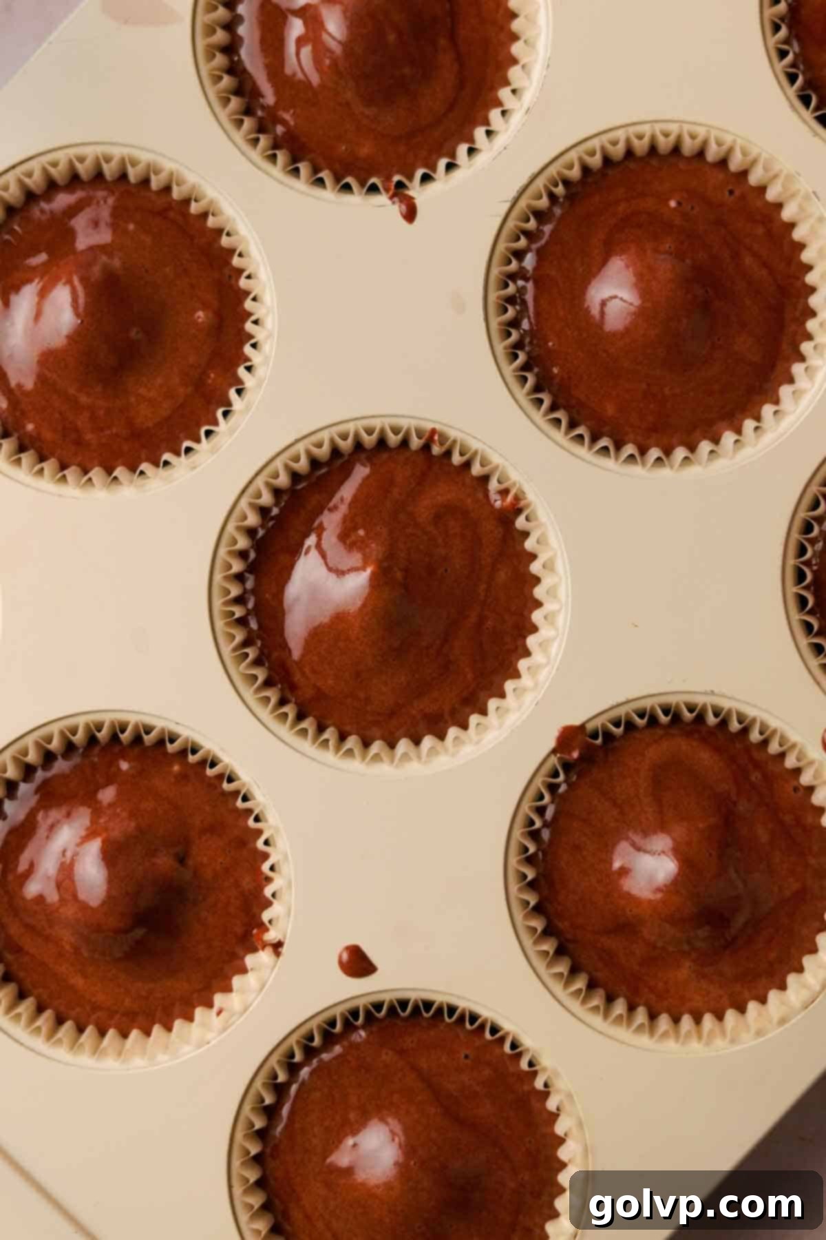 chocolate cupcake batter in paper cups in muffin tin
