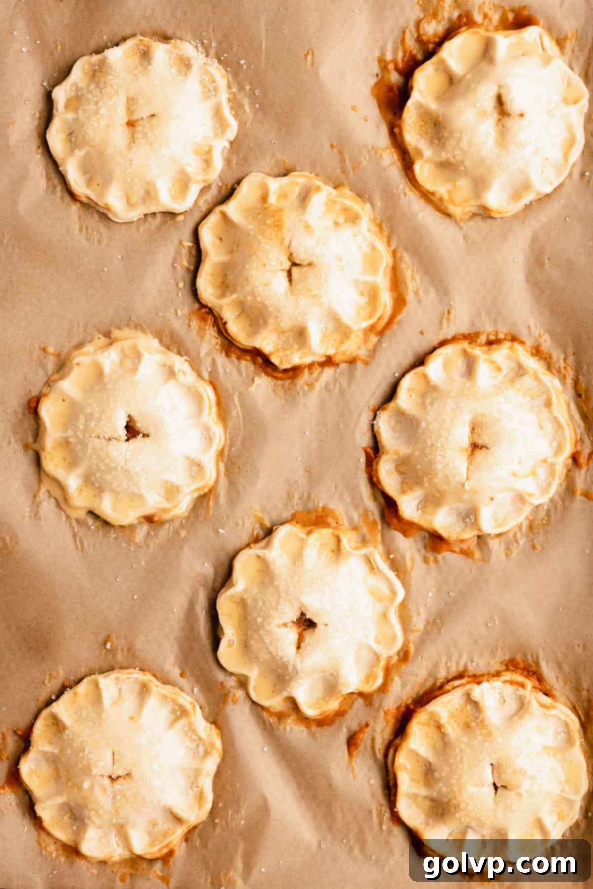 Assembled pumpkin hand pies with crimped edges, ready for baking.