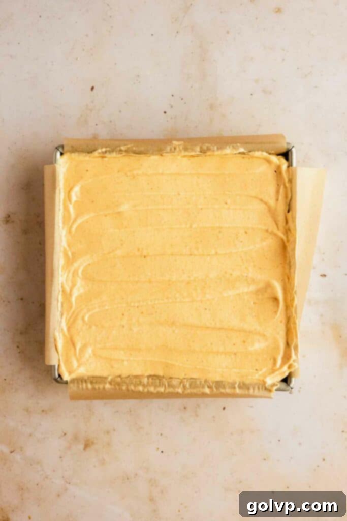 Easy No-Bake Pumpkin Cheesecake Bars 11 Smoothing cheesecake in the pan