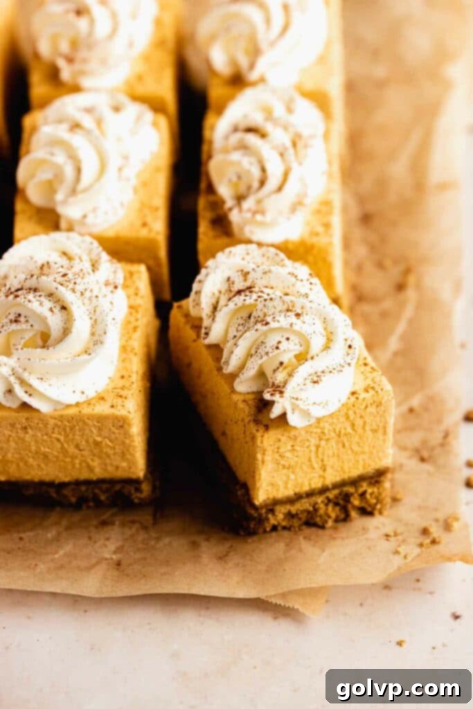 Easy No-Bake Pumpkin Cheesecake Bars 3 Pumpkin cheesecake bars with whipped cream on parchment paper