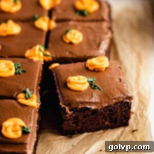 Chocolate cake with frosting and mini pumpkins