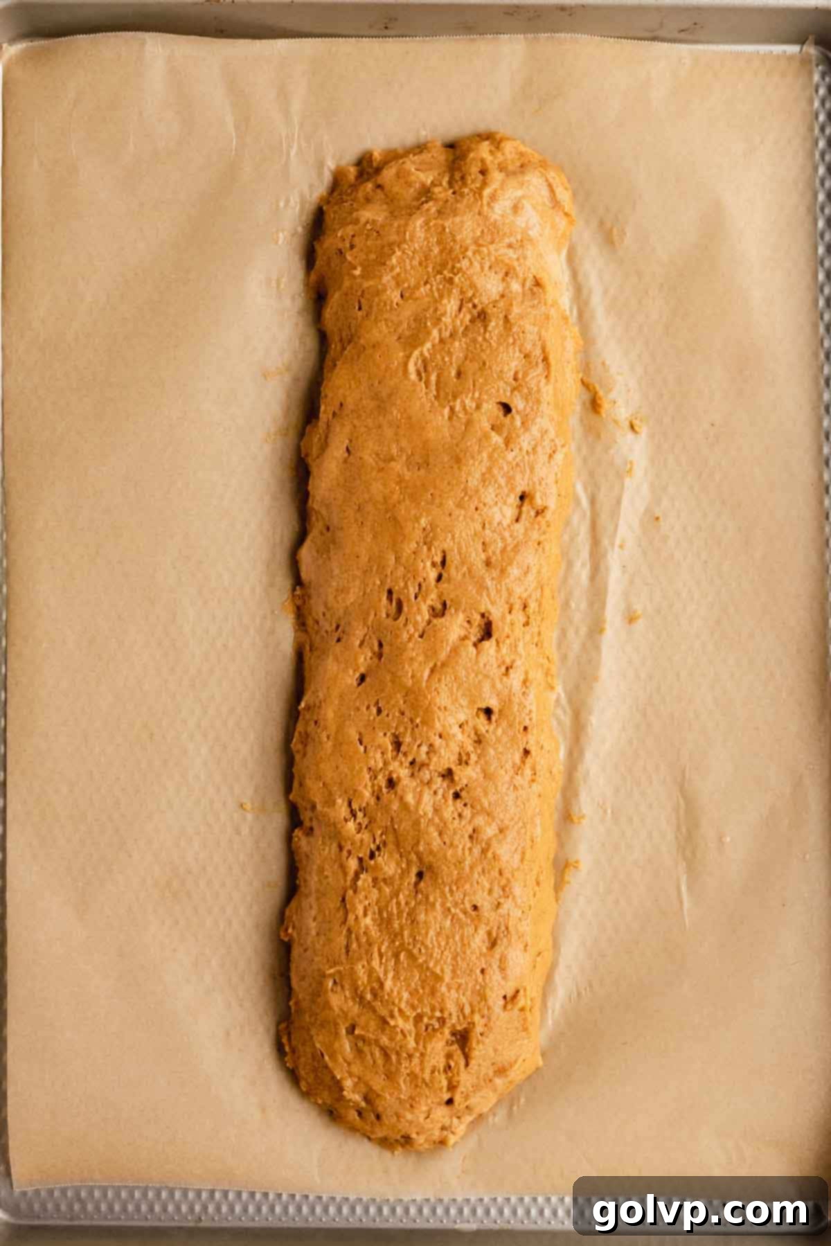Autumn Pumpkin Biscotti 6 Hands carefully shaping the pumpkin biscotti dough into a long, even loaf on a parchment-lined baking sheet, preparing it for the first bake.