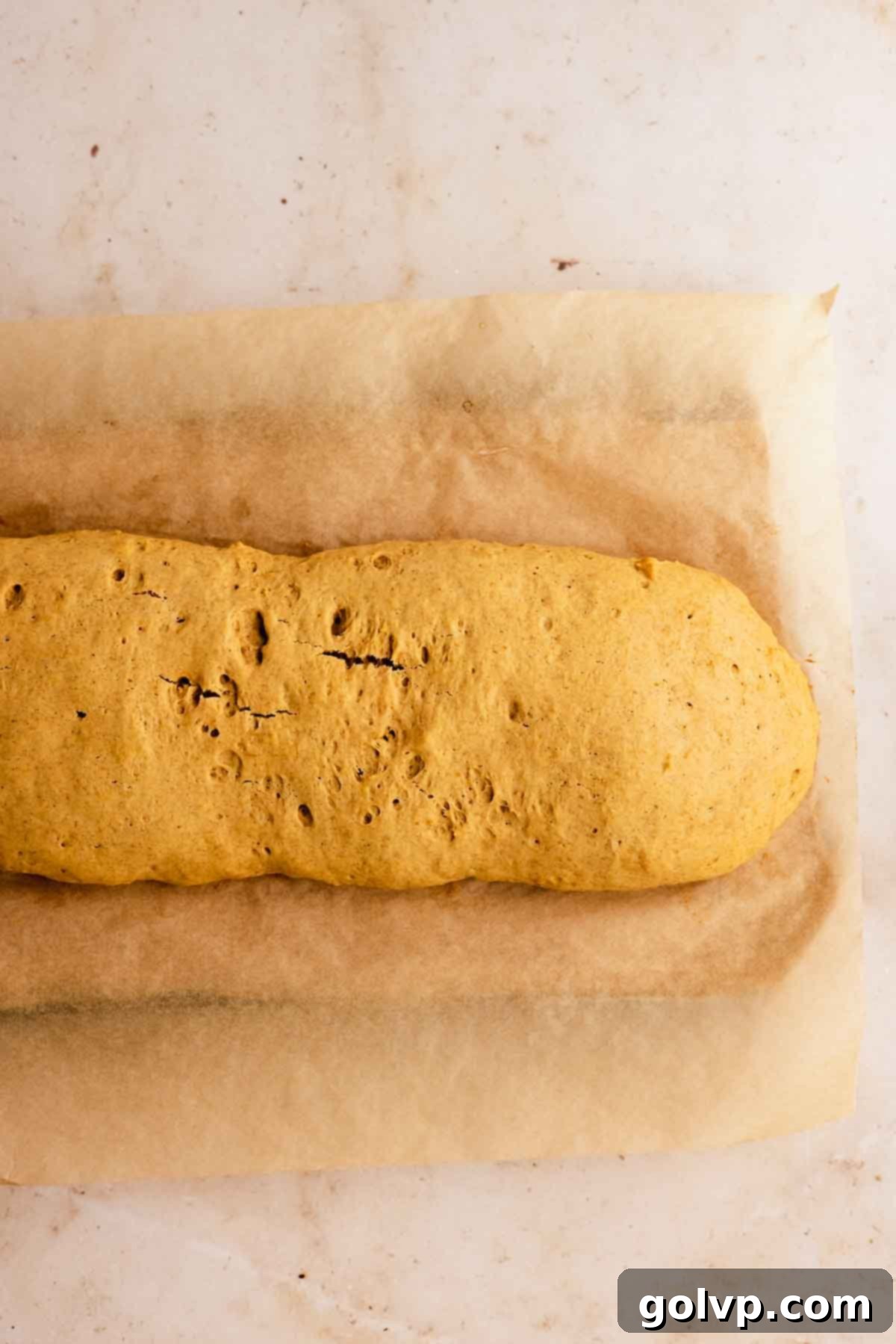 Autumn Pumpkin Biscotti 7 The baked, golden-brown pumpkin biscotti loaf, fresh out of the oven after its initial bake, sitting on parchment paper.