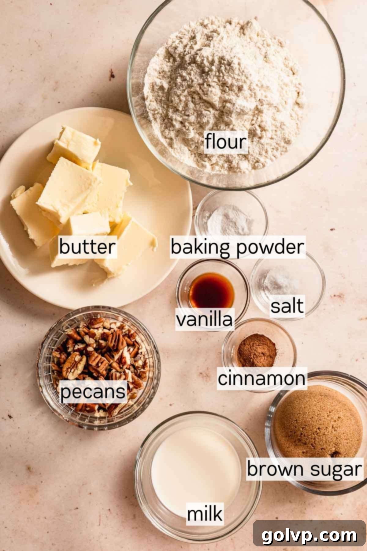 Ingredients for the brown sugar shortbread crust, including flour, brown sugar, butter, and pecans.
