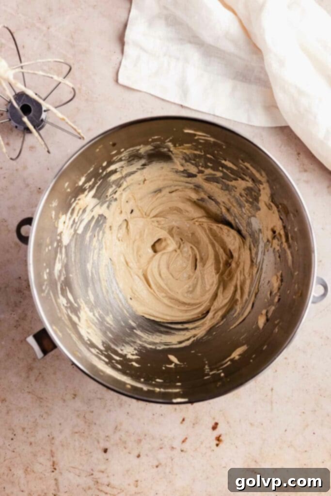 Close-up of butter, oil, and sugar being beaten together until light and fluffy in a stand mixer.