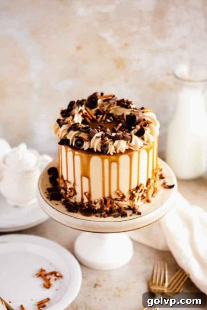 Finished butterscotch cake with elegant drips and chocolate curls
