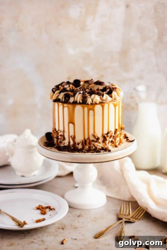 Butterscotch cake with beautiful butterscotch drips and decorative chocolate curls