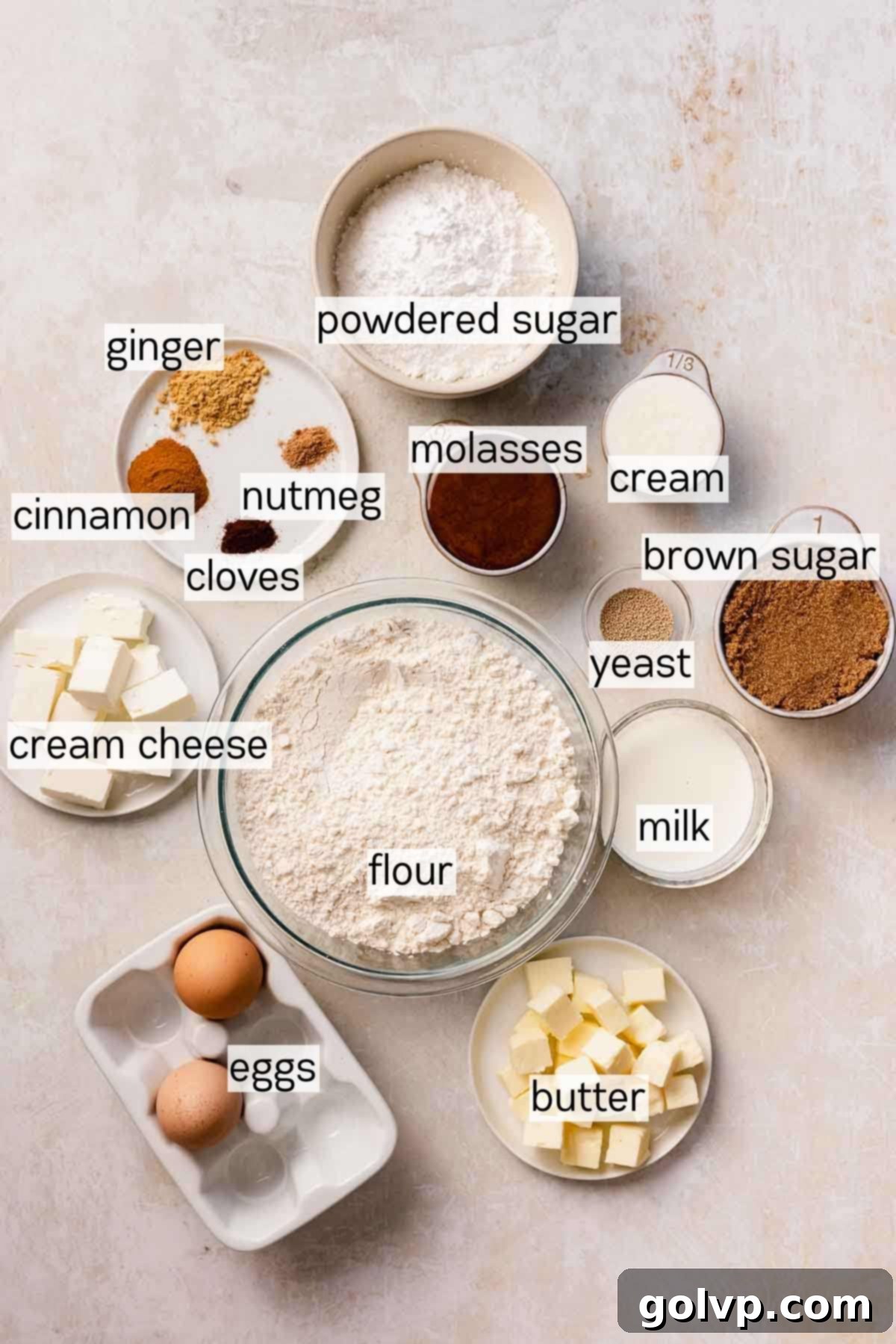 ingredients for gingerbread cinnamon rolls in bowls
