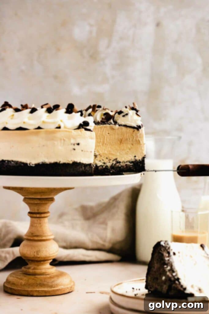 Slicing and serving a two-toned no bake baileys cheesecake, showcasing its elegant layers