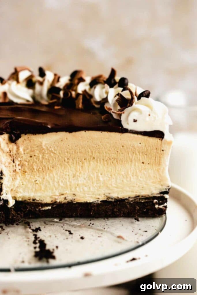 A beautifully cut open Baileys no bake cheesecake displayed on a marble cake stand