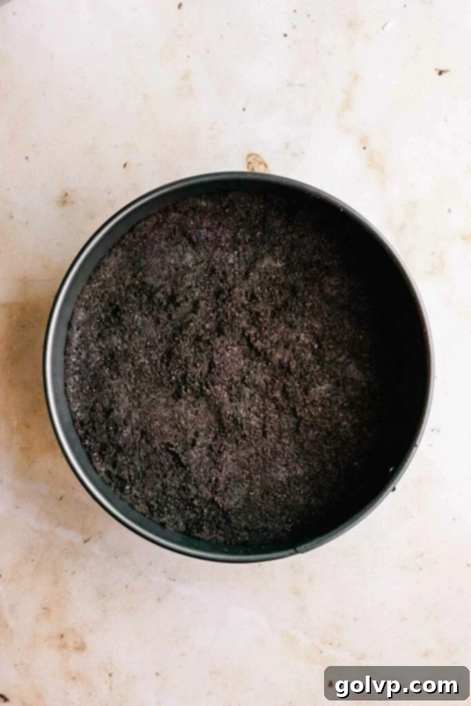 Packed down Oreo crust in a springform pan