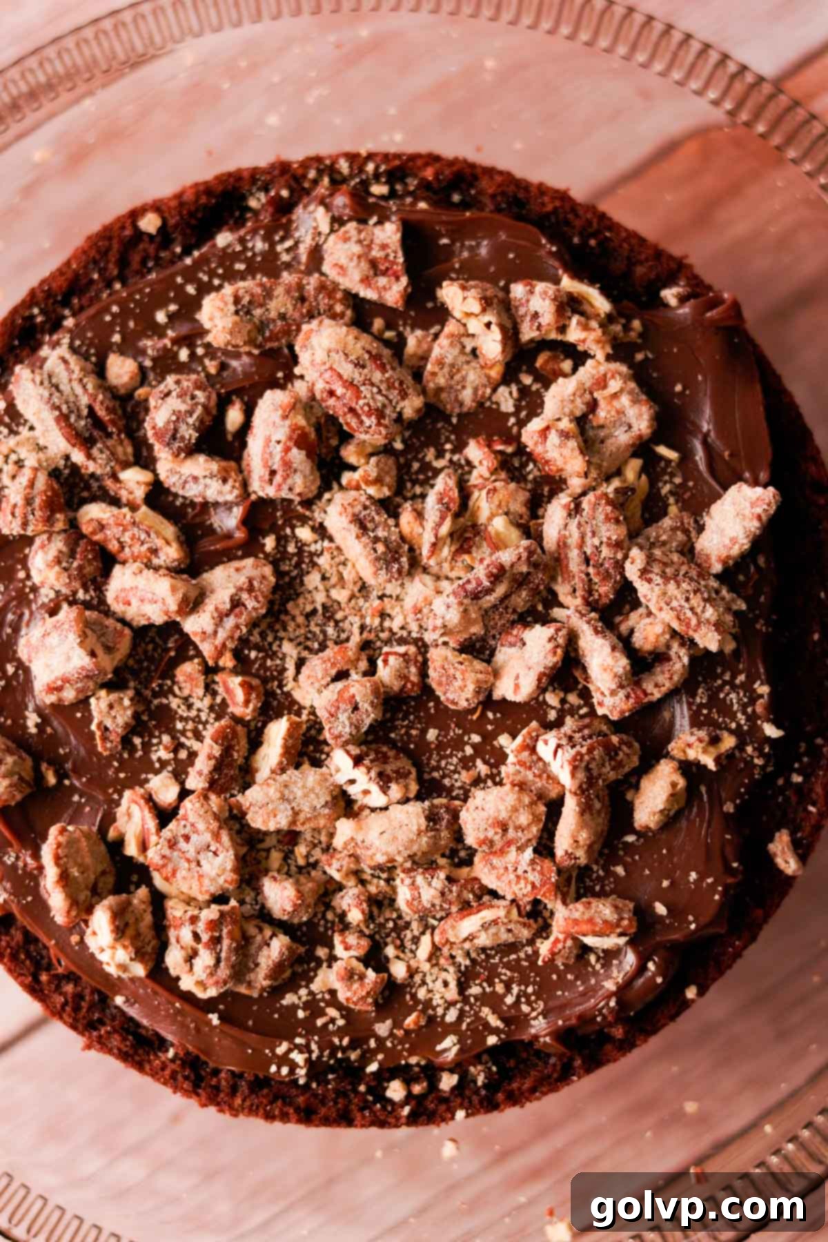 Liberally sprinkling freshly chopped praline pecans over the milk chocolate ganache filling of the cake layer, adding a crunchy texture.
