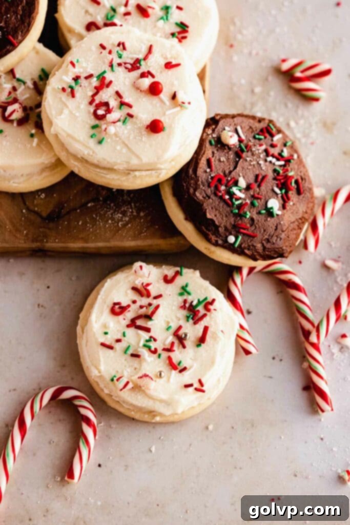 Classic Buttercream Sugar Cookies 3 Festive holiday buttercream frosted sugar cookies decorated with candy canes and sprinkles