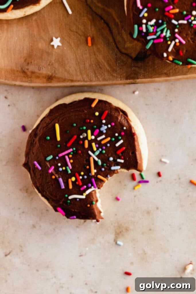 Classic Buttercream Sugar Cookies 4 Close-up of a bitten chocolate buttercream frosted sugar cookie showing its thick, soft texture