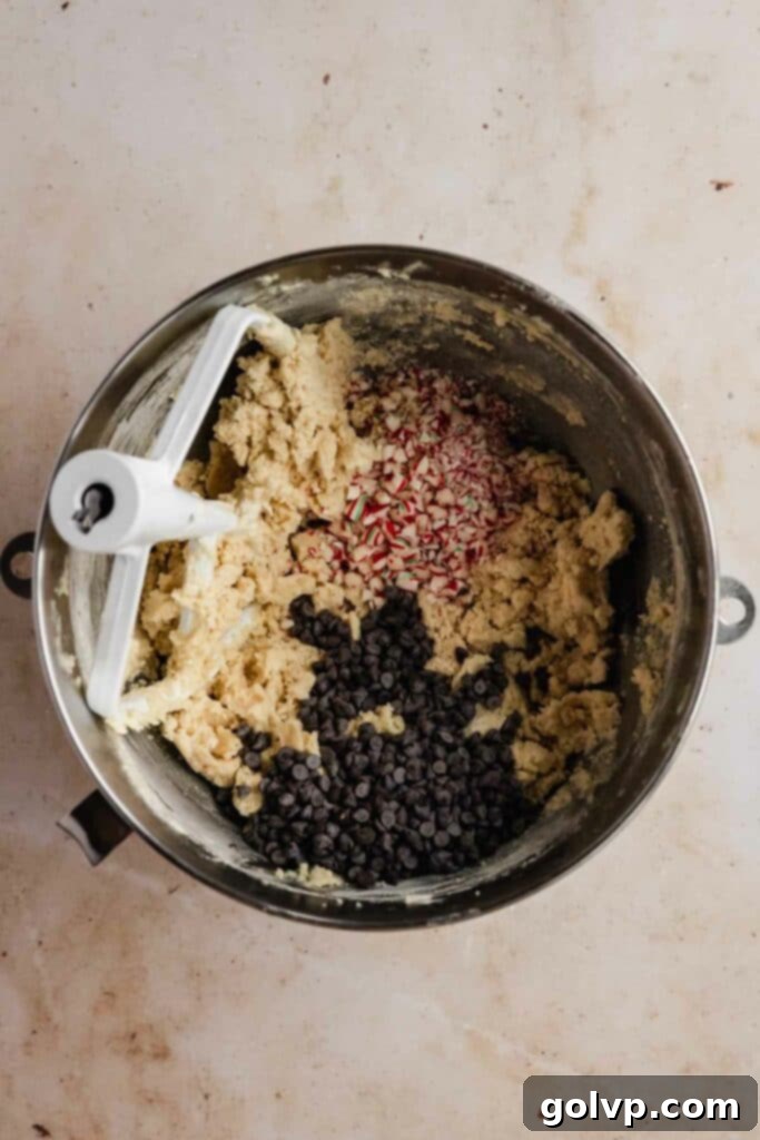 adding chocolate chips and peppermint pieces into shortbread dough