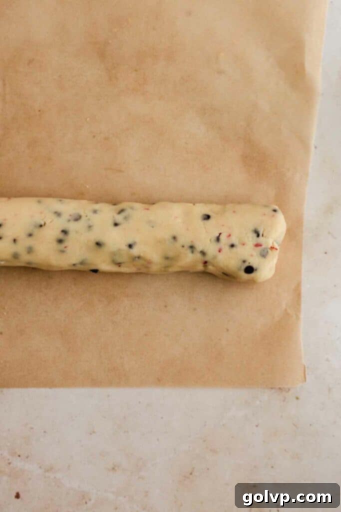 rolling a log of peppermint cut and bake shortbread cookie dough
