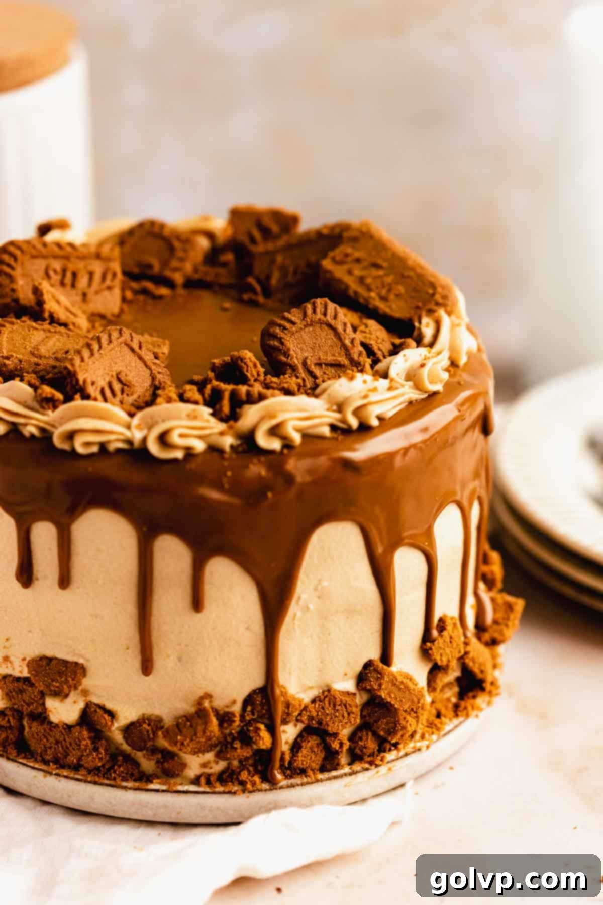 Closeup of biscoff drip cake