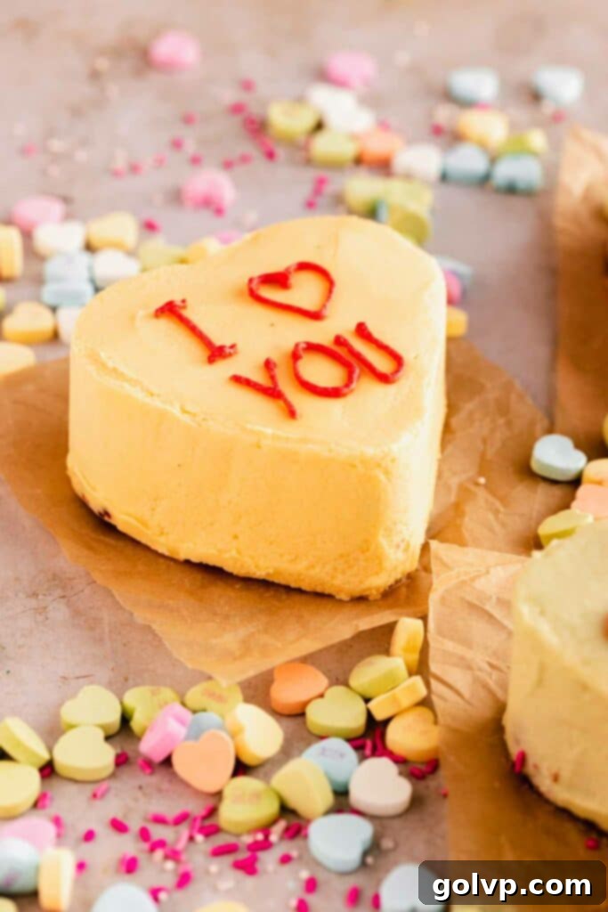 yellow mini heart cake with "I heart you"