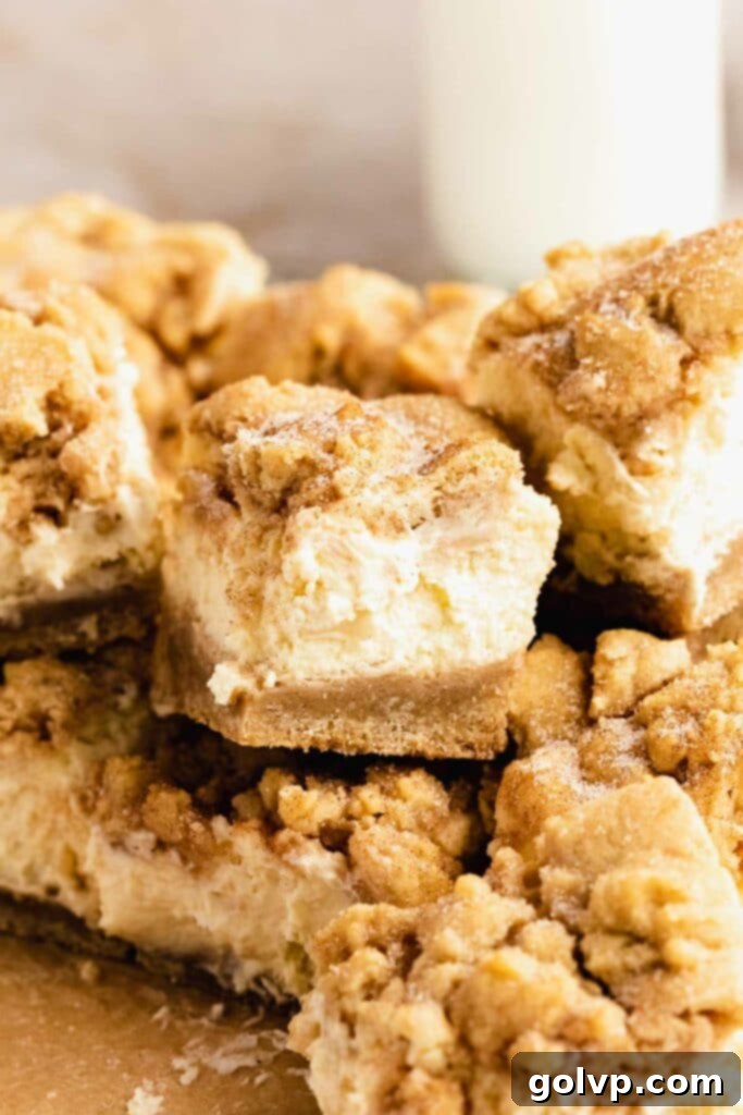 Snickerdoodle Swirl Cheesecake Bars 4 Pile of snickerdoodle cheesecake bars
