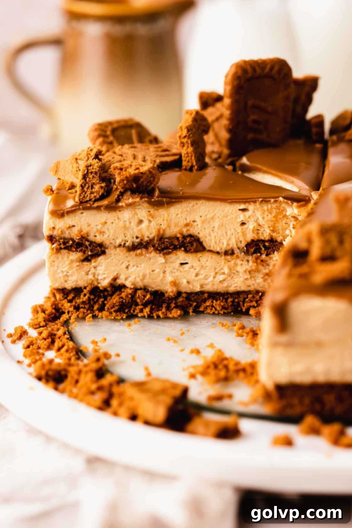 Delightful slices of Biscoff cheesecake elegantly arranged on a serving plate, showcasing its creamy texture and biscuit crust.