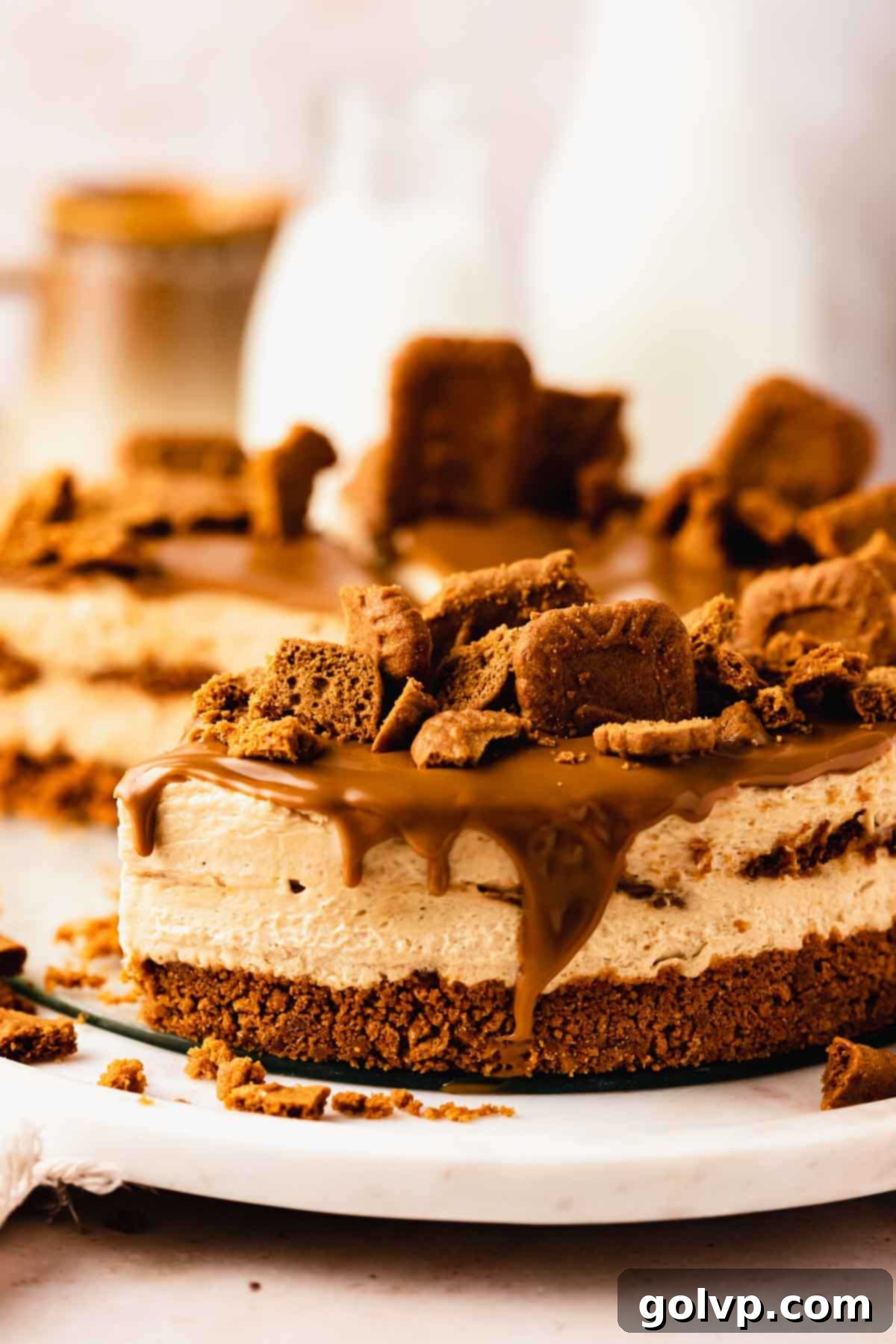 A luscious cookie butter drip cascading over the top of a no-bake Biscoff cheesecake, highlighting its decadent appeal.