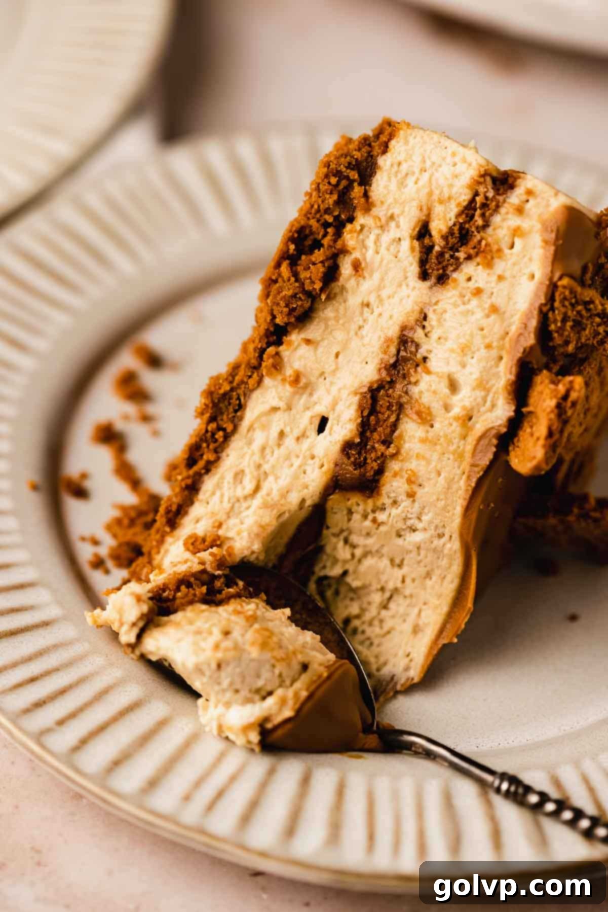 A delectable slice of Biscoff cheesecake served on a plate with a spoon, highlighting its silky smooth texture and the hidden Biscoff layer.