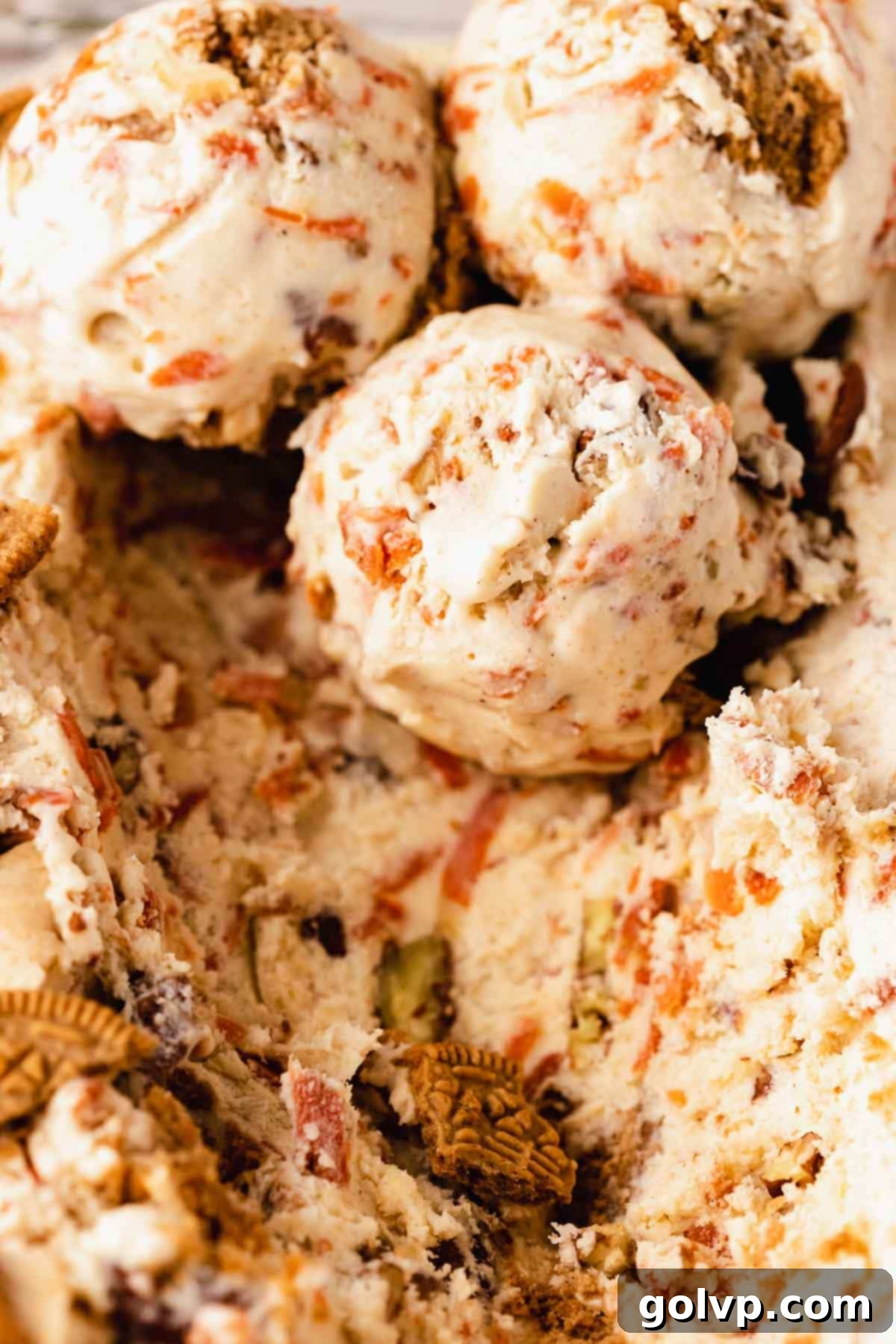Spiced Carrot Cake Swirl 9 closeup of creamy no-churn carrot cake ice cream with visible mix-ins