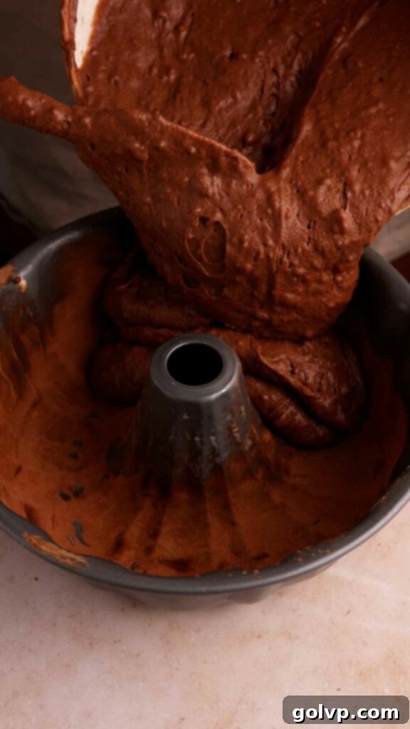 Pouring chocolate cake batter into a bundt pan.